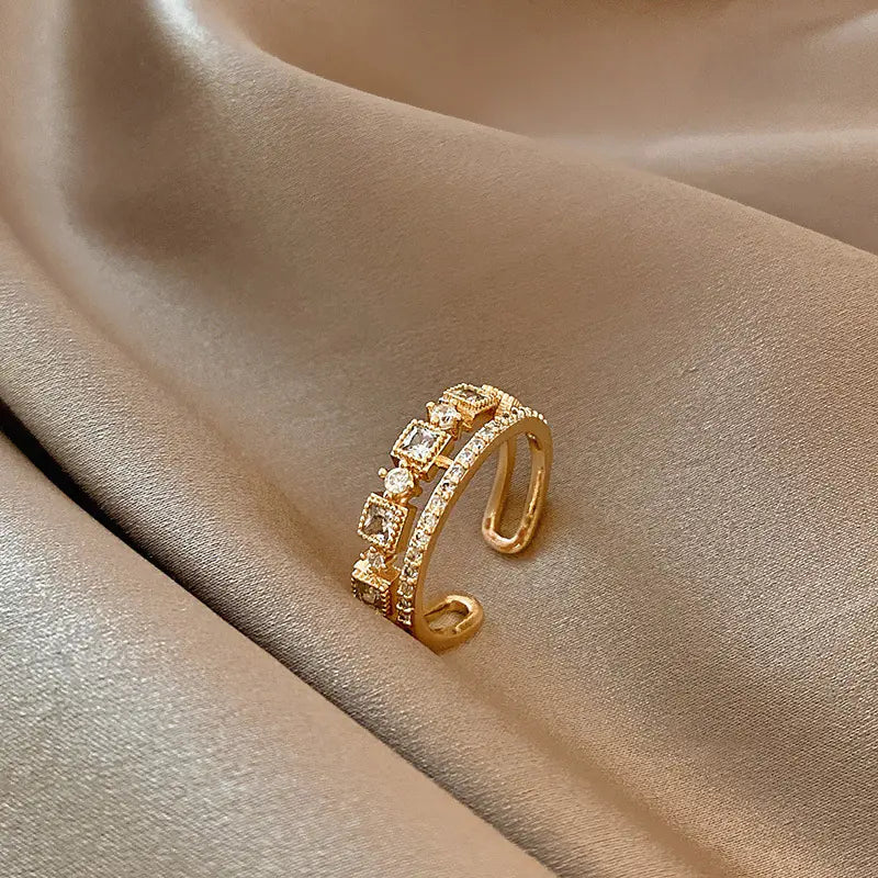 Double-Layer Zircon Open Ring – Adjustable Elegant Design for Women