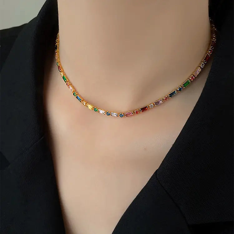 Multi-Color Zircon Necklace or Bracelet – Gold-Tone Sparkle Jewelry