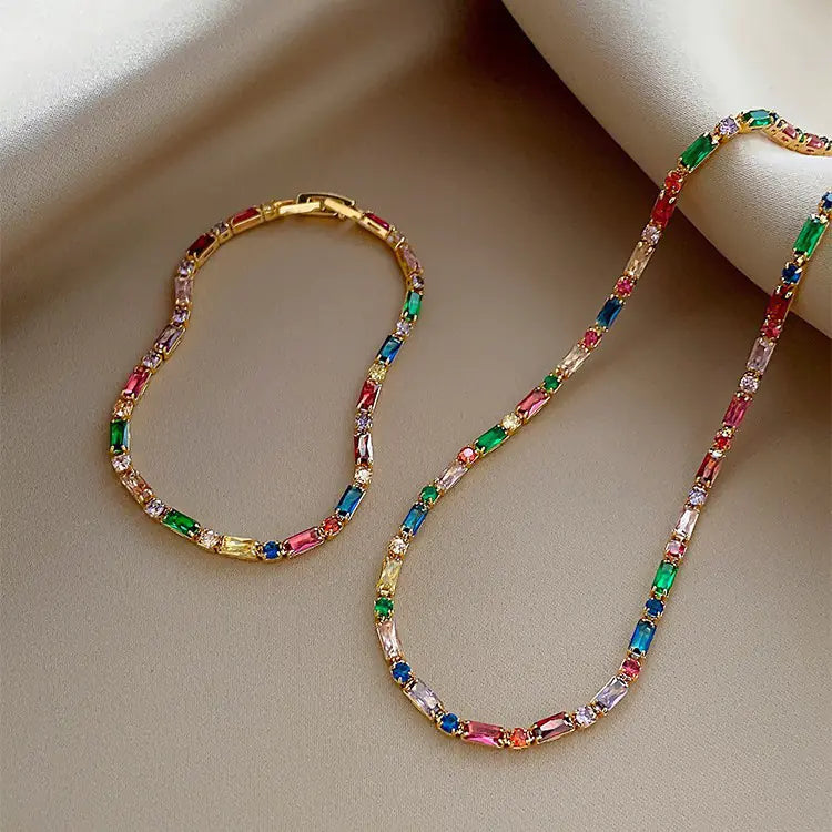 Multi-Color Zircon Necklace or Bracelet – Gold-Tone Sparkle Jewelry