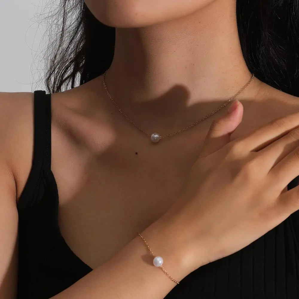 Simple Pearl Necklace & Bracelet Set – Gold & Silver
