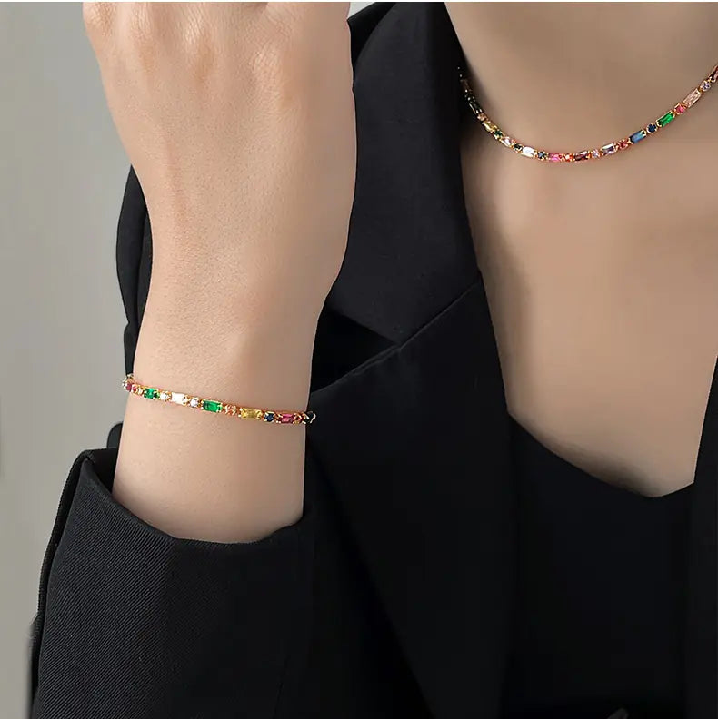 Multi-Color Zircon Necklace or Bracelet – Gold-Tone Sparkle Jewelry
