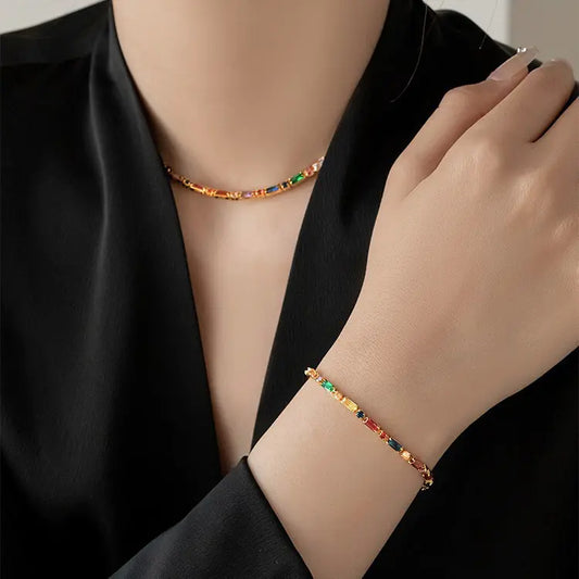 Multi-Color Zircon Necklace or Bracelet – Gold-Tone Sparkle Jewelry