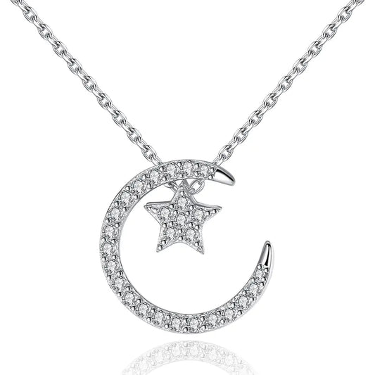 925 Sterling Silver Star & Moon Pendant Necklace – Celestial Simplicity