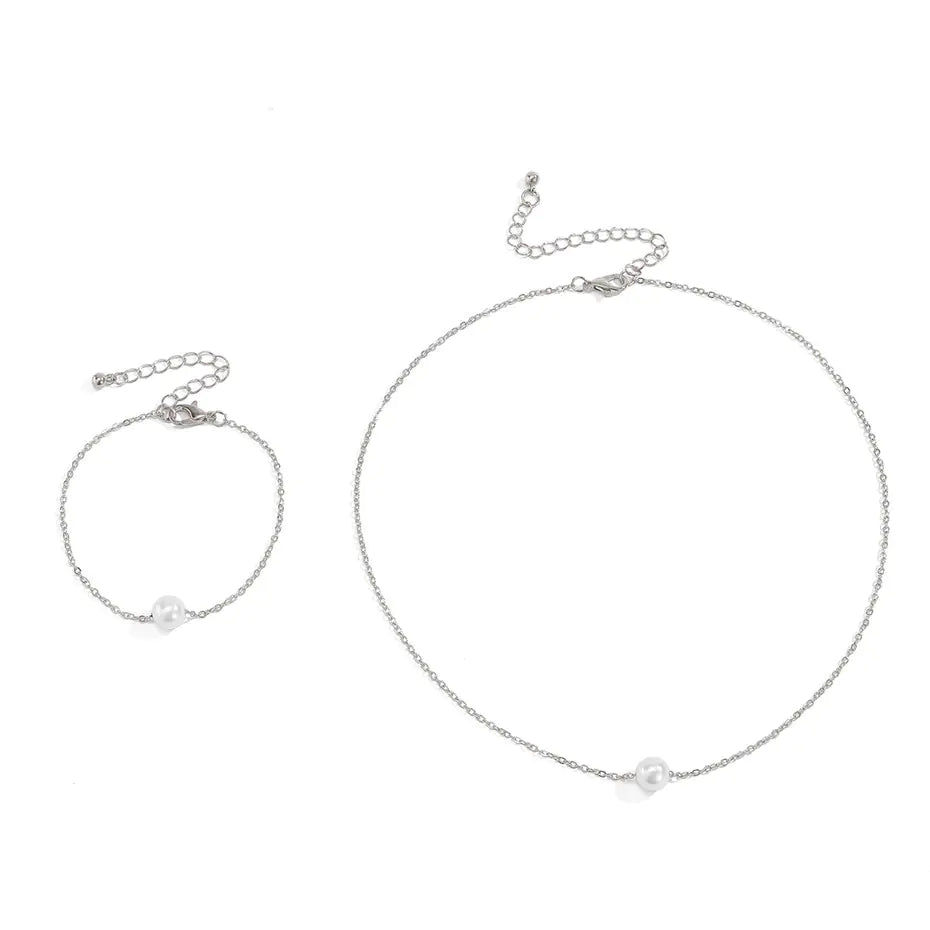 Simple Pearl Necklace & Bracelet Set – Gold & Silver