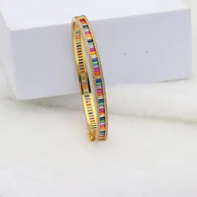 14K Gold Rainbow Zircon Opening Bracelet – Elegant Adjustable Design