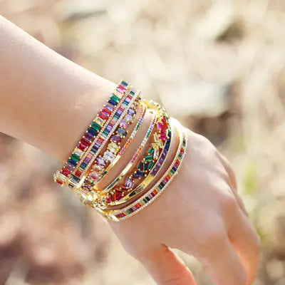 14K Gold Rainbow Zircon Opening Bracelet – Elegant Adjustable Design